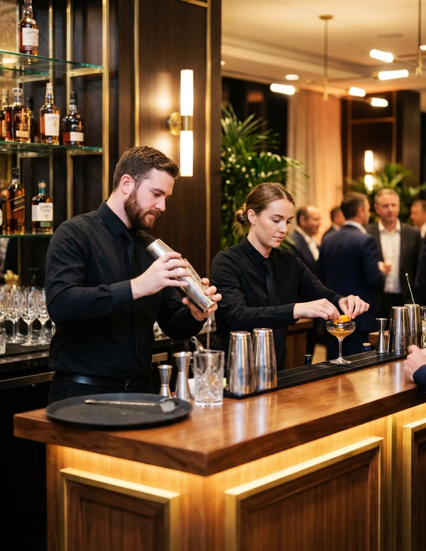Bartenders crafting cocktails at upscale event bar Two professional bartenders preparing handcrafted cocktails behind a modern event bar during a formal reception