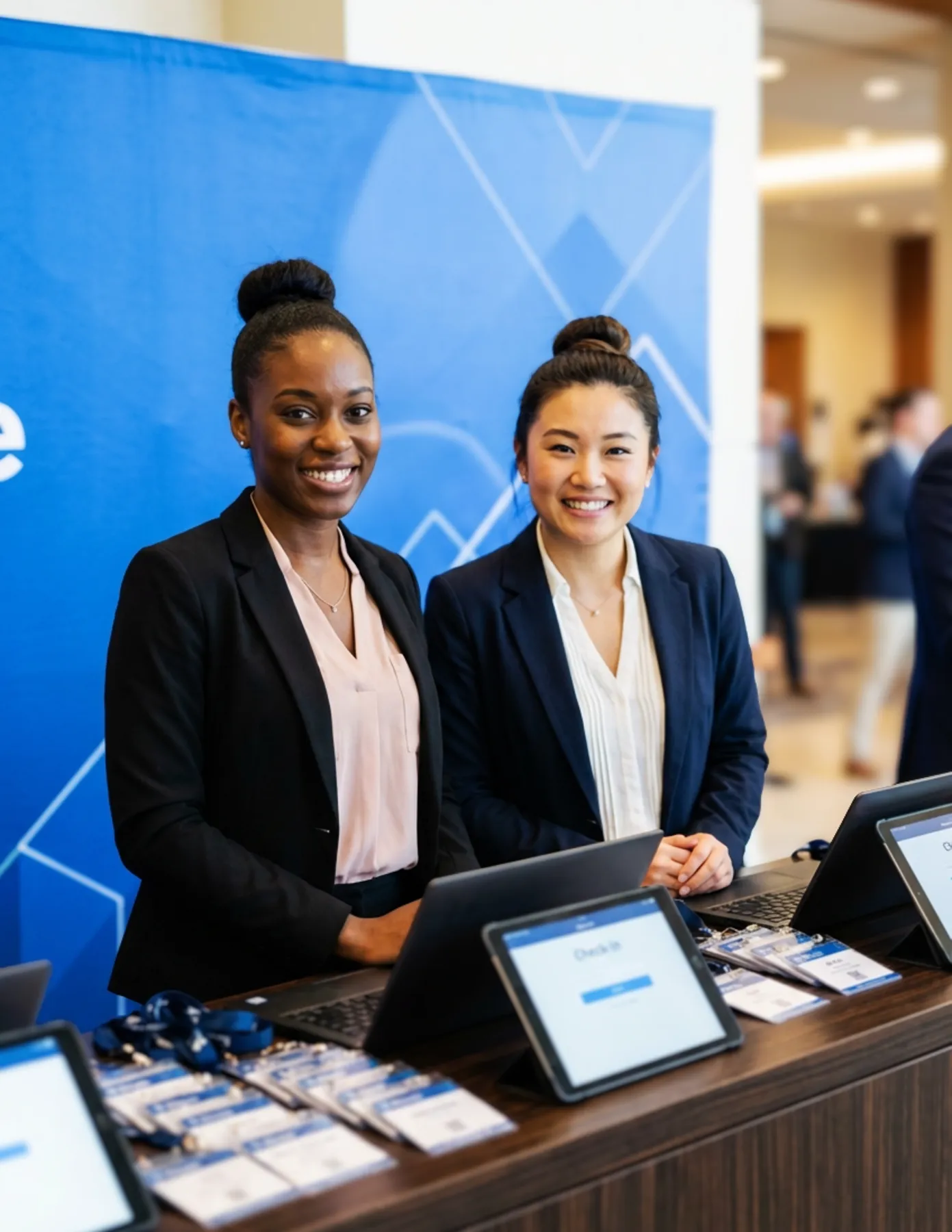 Two event registration staff members smiling behind a check-in desk with tablets and name badges at a professional conference