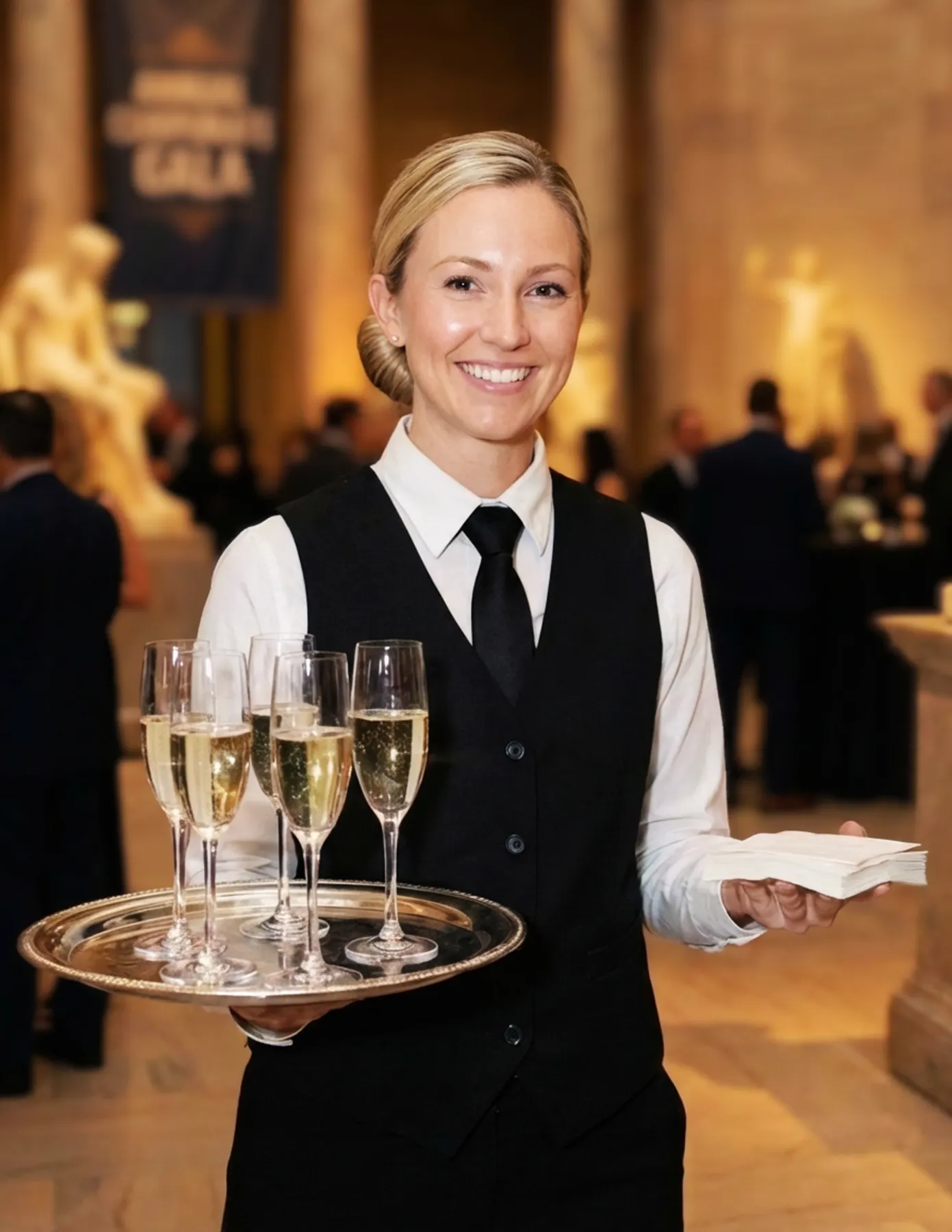 Professional event server holding a tray of champagne glasses and napkins at an elegant indoor reception venue
