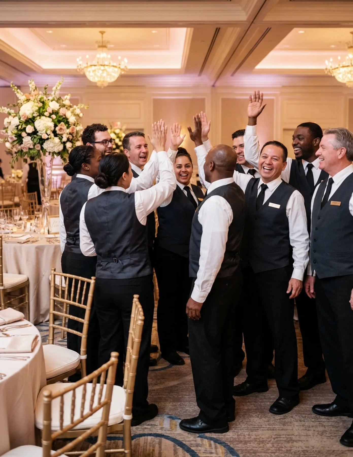 Event staff celebrating successful banquet service Group of catering and event staff giving high fives while standing in a formal banquet hall after event setup