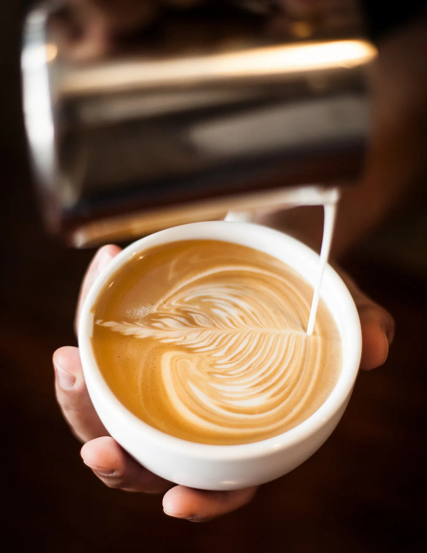 HMG+ IMAGES-12 Barista preparing a cappuccino, showcases a tulip latte art