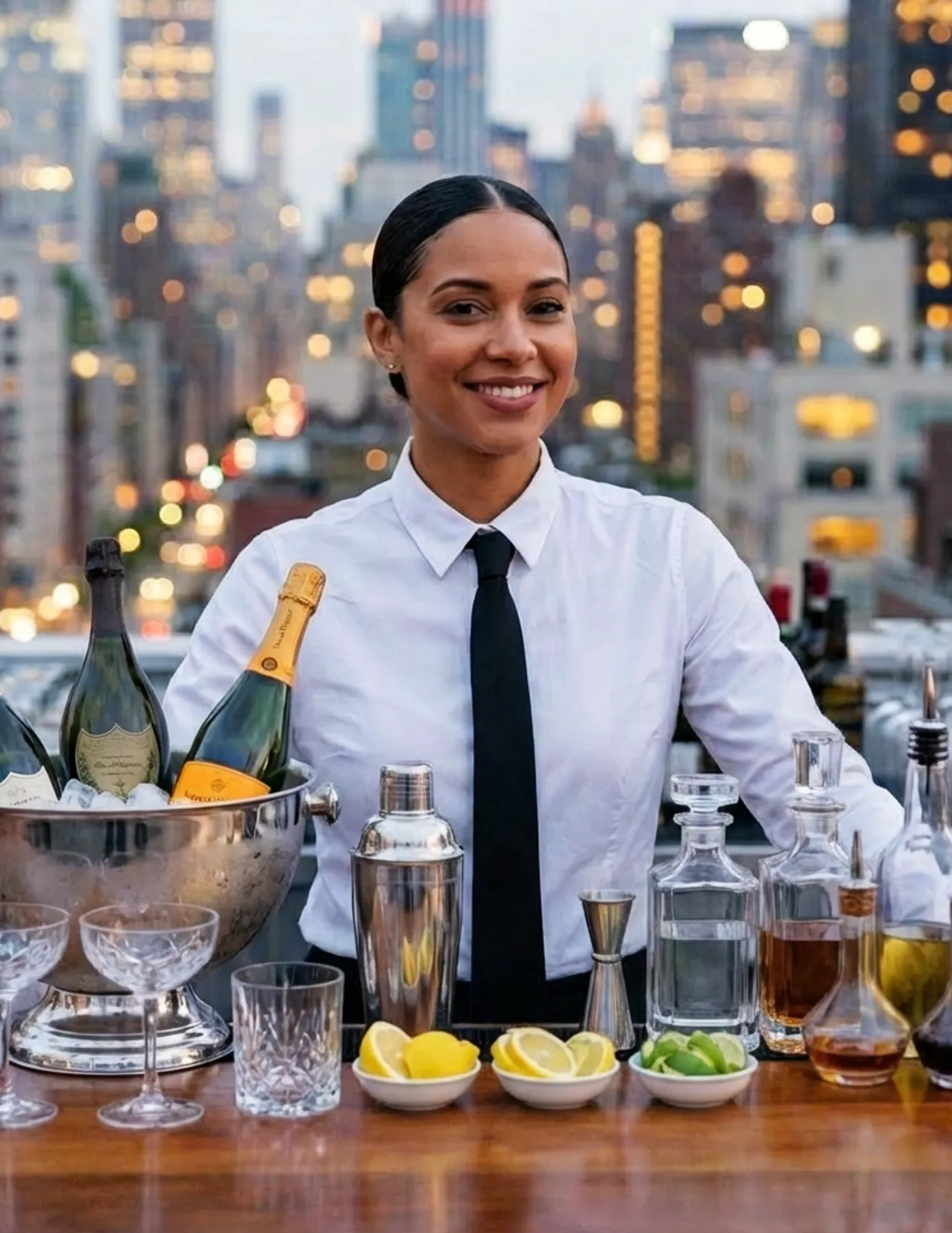 Professional bartender standing behind a rooftop bar with champagne, cocktail shaker, and city skyline in the background