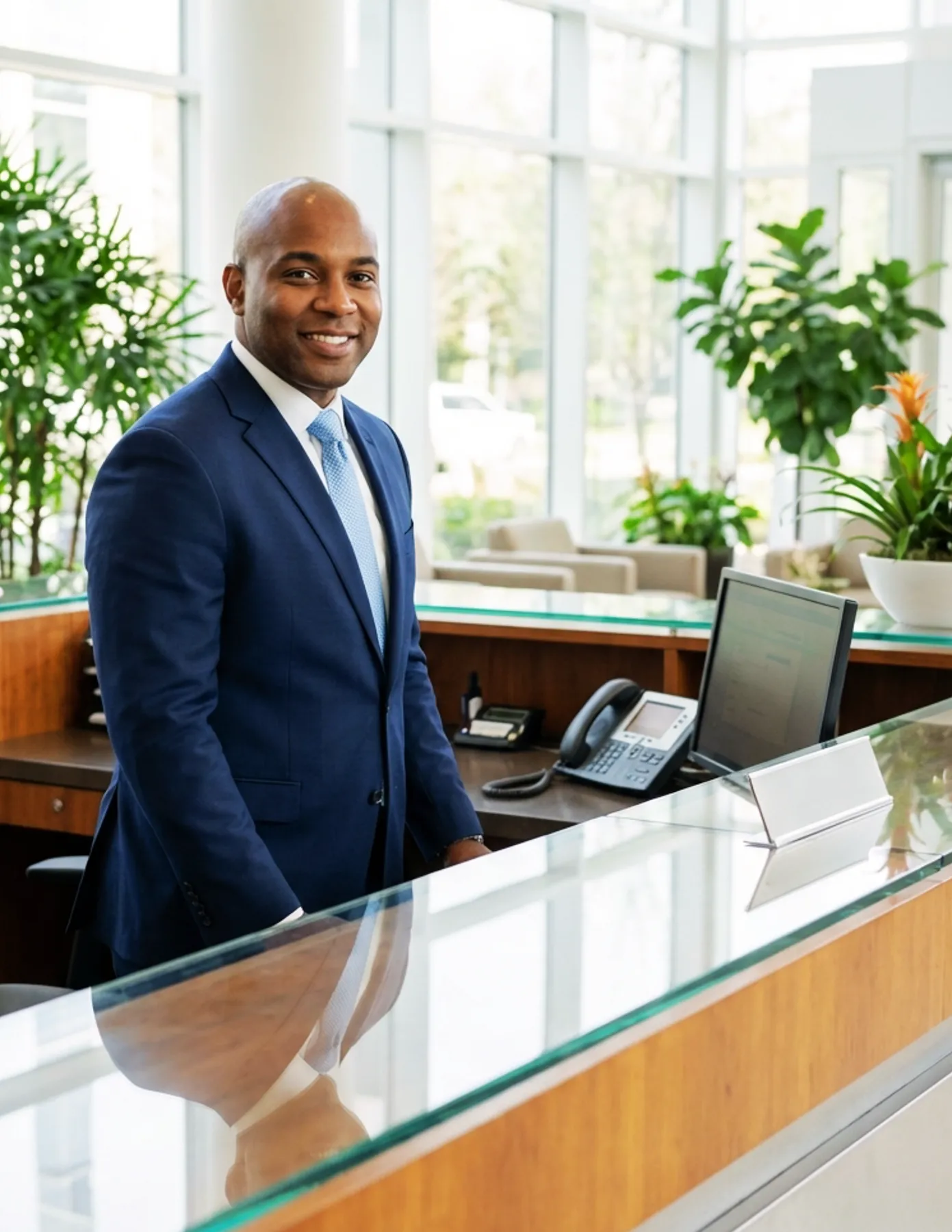 Professional receptionist in a blue suit standing behind a modern office front desk and smiling at visitors