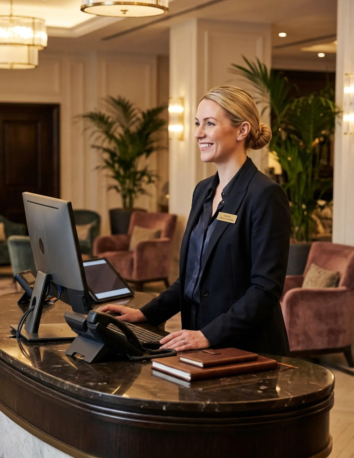 Hotel front desk associate smiling while assisting a guest at a reception desk in an upscale hotel lobby