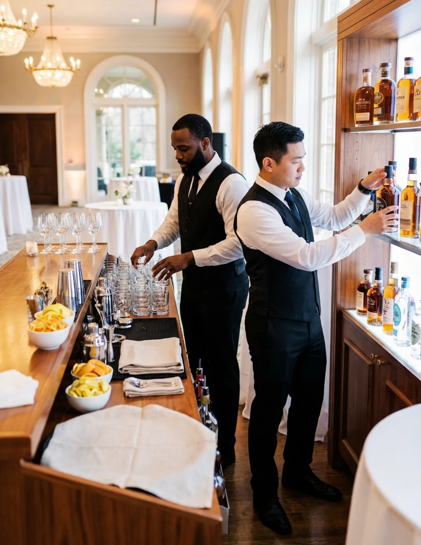 Professional bartenders preparing full-service event bar Bartending team preparing drinks for an upscale event