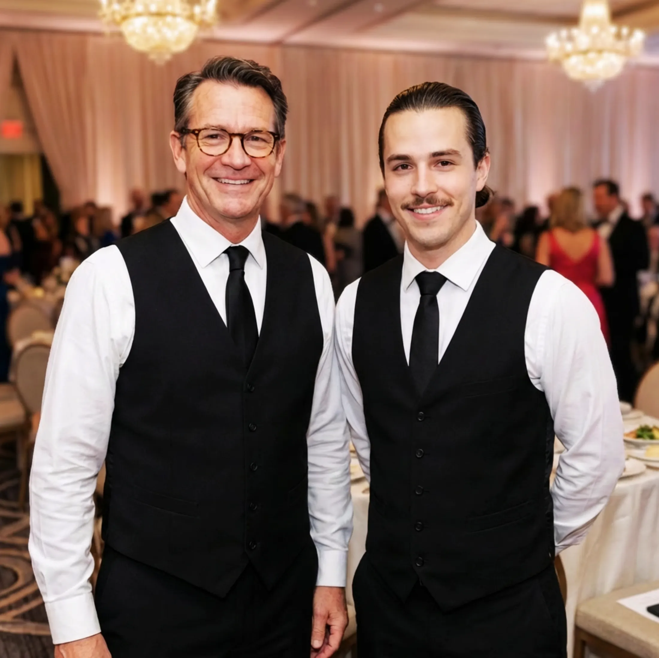 Two professional event servers standing together in uniform at a formal banquet reception venue