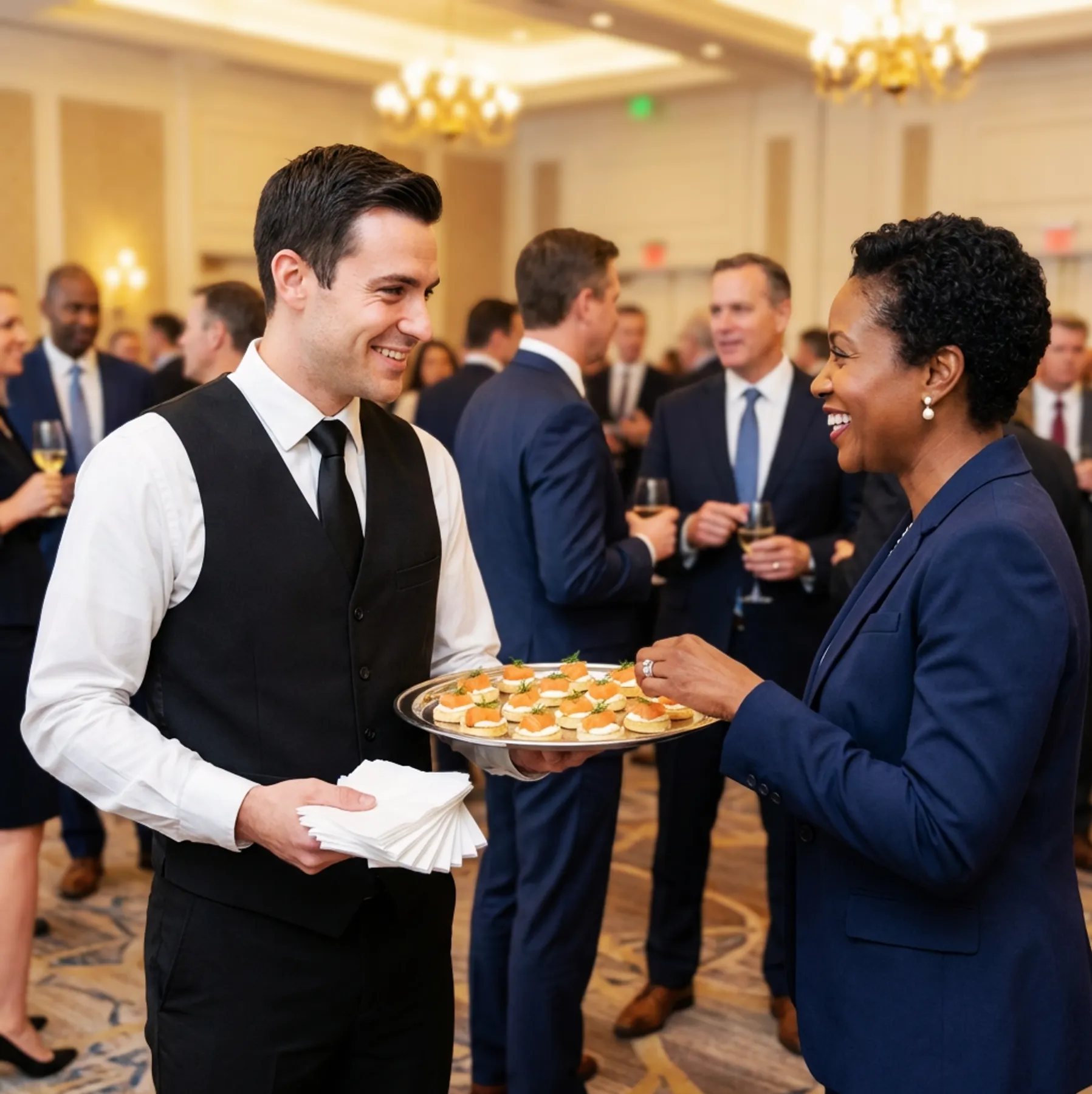 Catering server holding a tray of hors d’oeuvres while speaking with a guest at a formal corporate reception