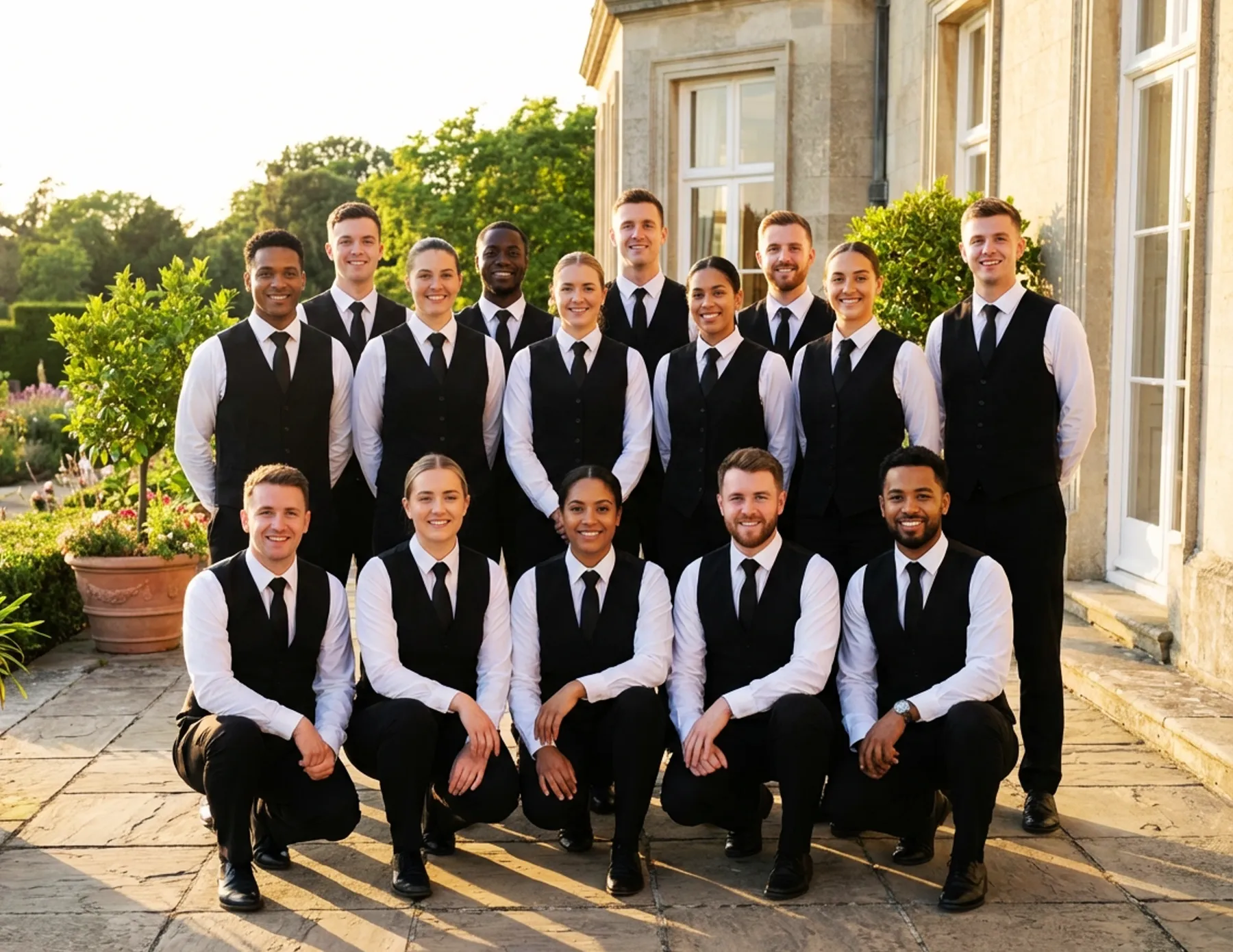 HMG+ hospitality staffing team pose for a photo. Luxurious catering staff in New York and Chicago.