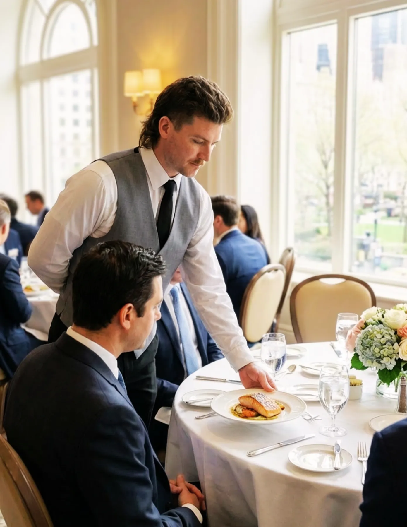 Waiter presenting a plated entrée to a seated guest at a formal banquet or corporate event