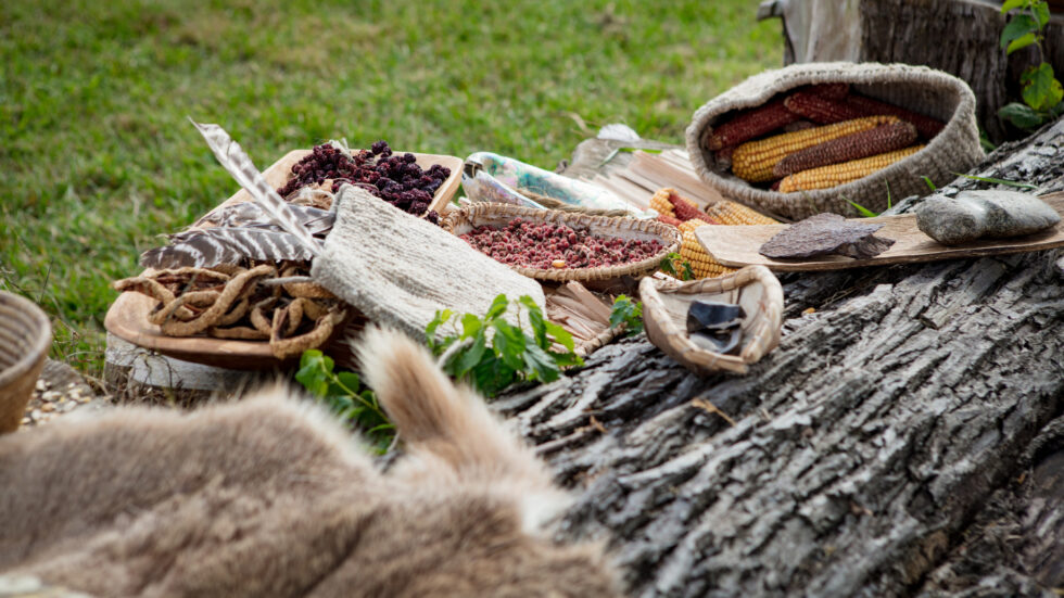 Baskets full of dried foods, maize, figs, and dates