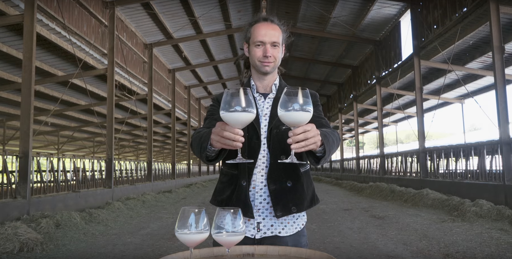 A man in a blazer and patterned shirt holds up two large wine glasses filled with milk inside an open barn