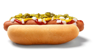 A close-up of a hot dog in a soft bun, loaded with yellow mustard, ketchup, diced white onions, and relish, on a white background.